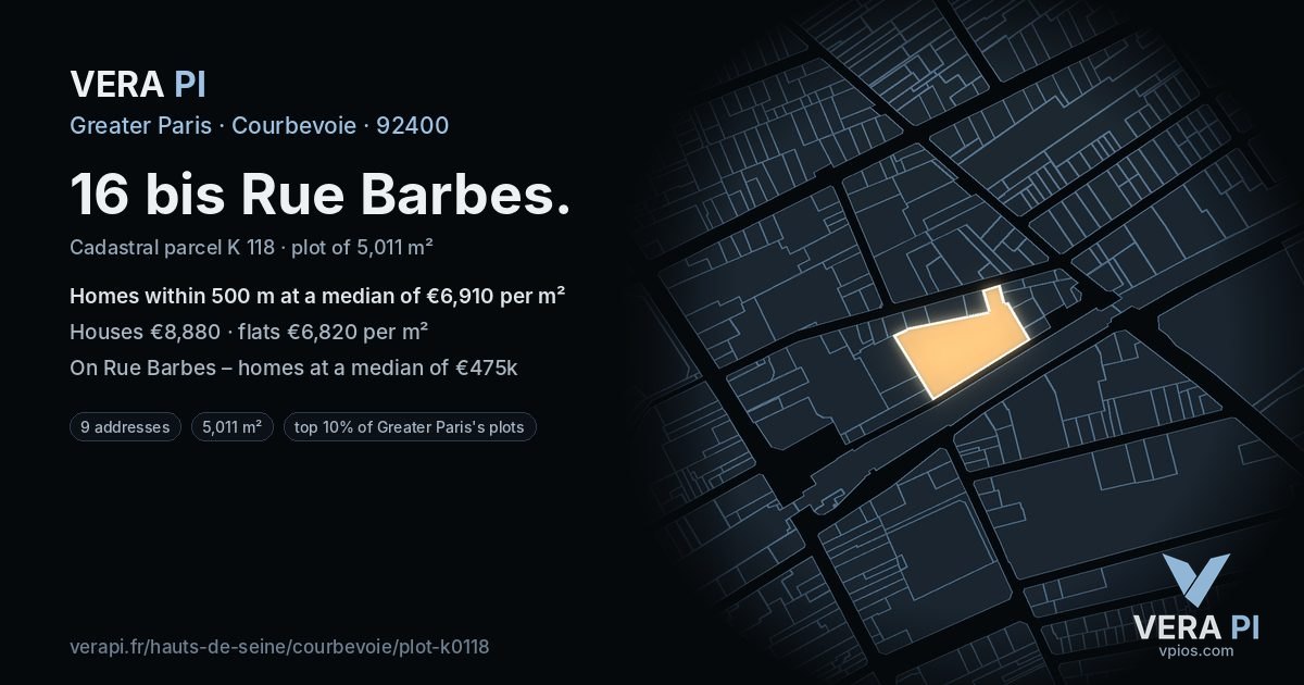 16 bis Rue Barbes, Courbevoie at night – the plot lit, the parcels around coloured by the prices near them