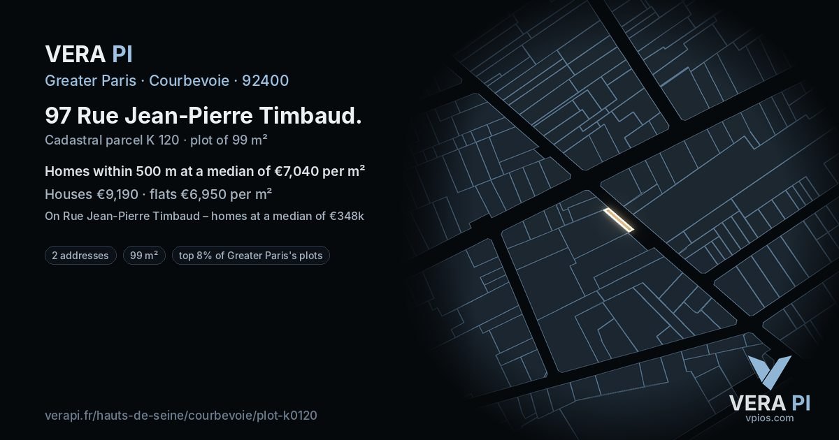 97 Rue Jean-Pierre Timbaud, Courbevoie at night – the plot lit, the parcels around coloured by the prices near them