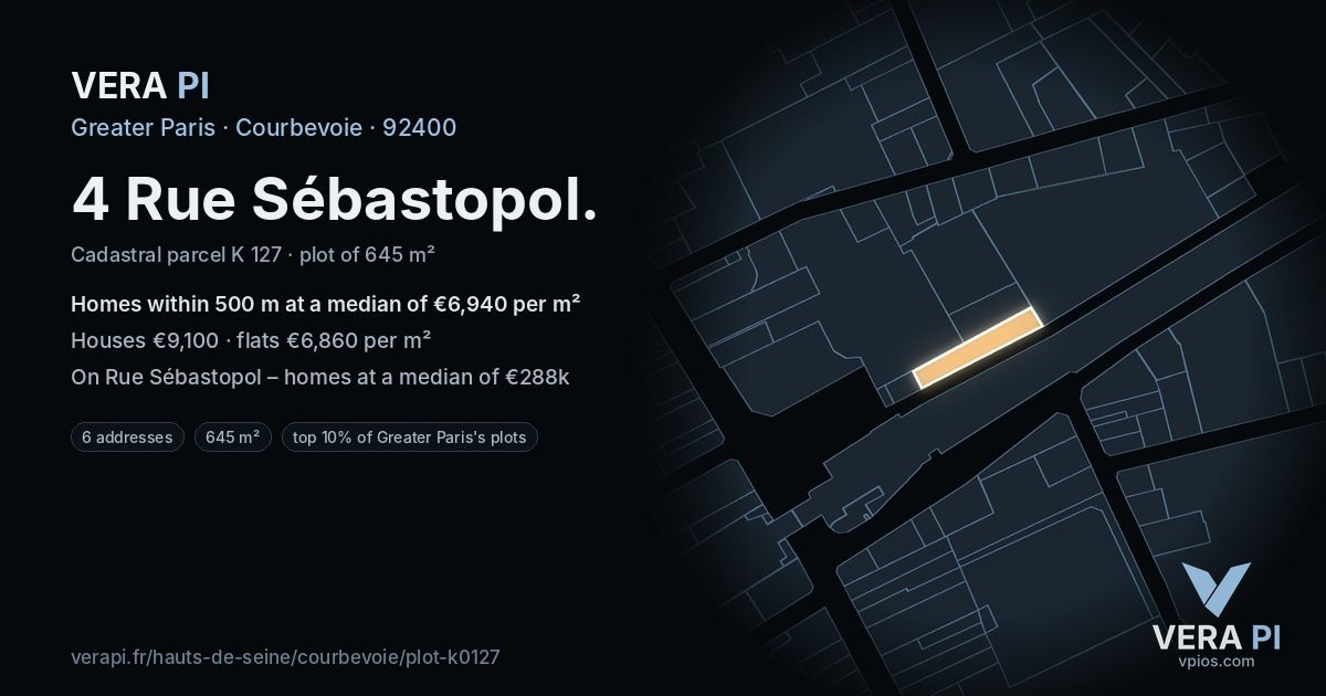 4 Rue Sébastopol, Courbevoie at night – the plot lit, the parcels around coloured by the prices near them