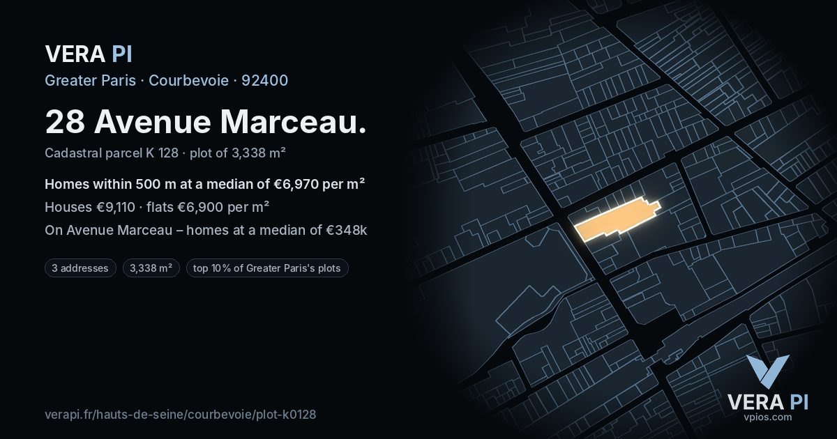 28 Avenue Marceau, Courbevoie at night – the plot lit, the parcels around coloured by the prices near them