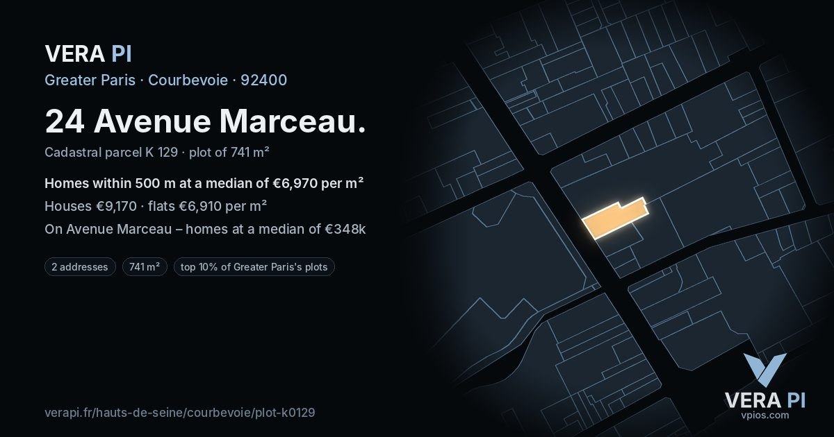 24 Avenue Marceau, Courbevoie at night – the plot lit, the parcels around coloured by the prices near them