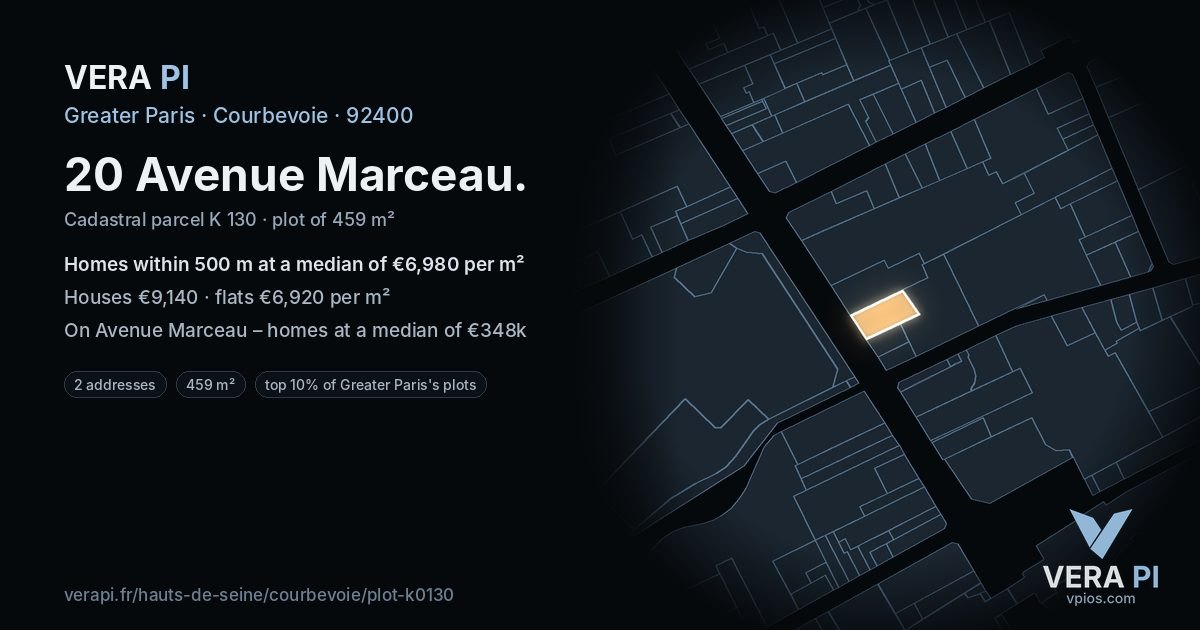 20 Avenue Marceau, Courbevoie at night – the plot lit, the parcels around coloured by the prices near them