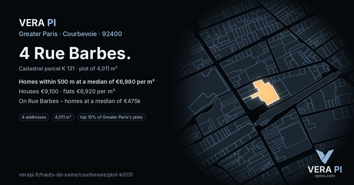 4 Rue Barbes, Courbevoie at night – the plot lit, the parcels around coloured by the prices near them