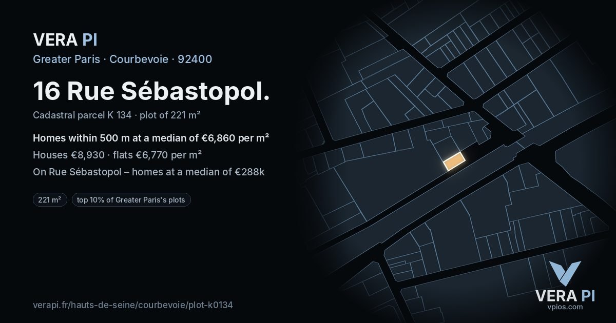 16 Rue Sébastopol, Courbevoie at night – the plot lit, the parcels around coloured by the prices near them