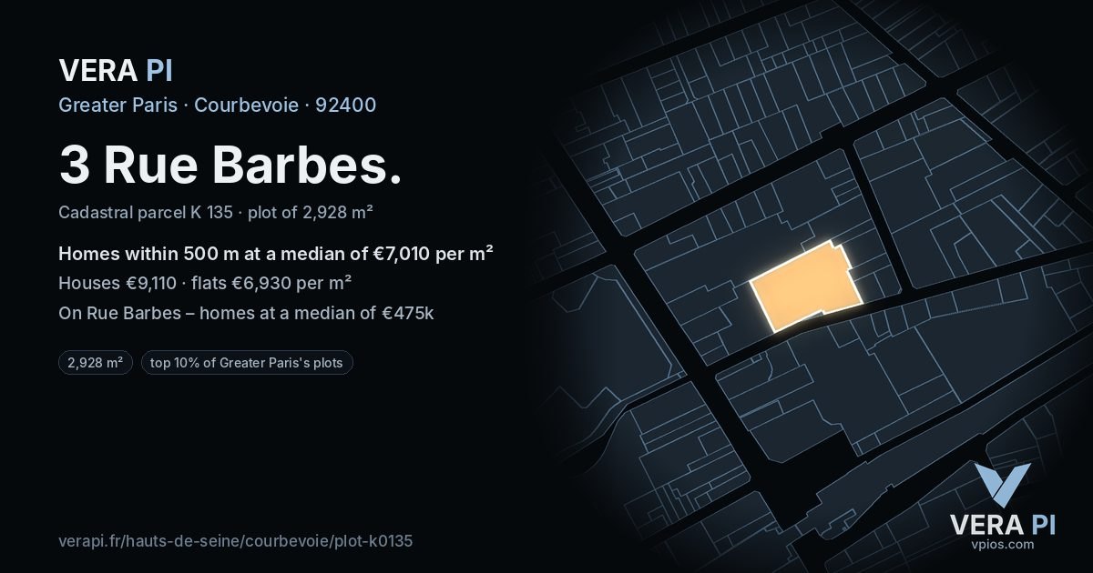 3 Rue Barbes, Courbevoie at night – the plot lit, the parcels around coloured by the prices near them