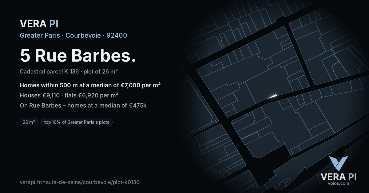 5 Rue Barbes, Courbevoie at night – the plot lit, the parcels around coloured by the prices near them