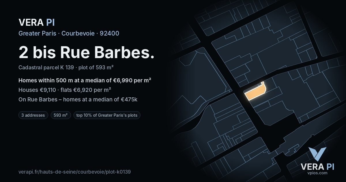 2 bis Rue Barbes, Courbevoie at night – the plot lit, the parcels around coloured by the prices near them
