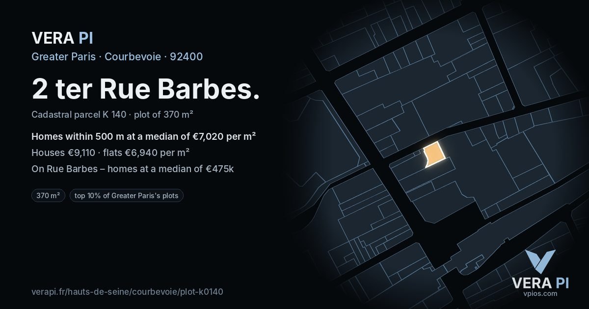 2 ter Rue Barbes, Courbevoie at night – the plot lit, the parcels around coloured by the prices near them
