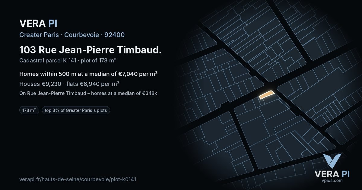 103 Rue Jean-Pierre Timbaud, Courbevoie at night – the plot lit, the parcels around coloured by the prices near them