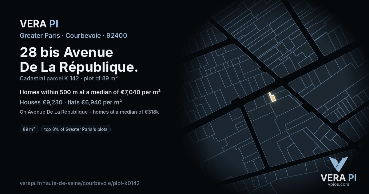 28 bis Avenue De La République, Courbevoie at night – the plot lit, the parcels around coloured by the prices near them