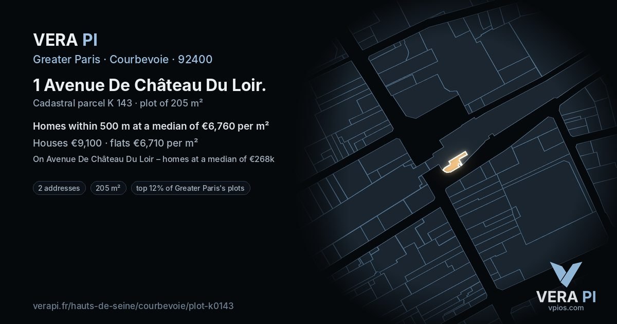 1 Avenue De Château Du Loir, Courbevoie at night – the plot lit, the parcels around coloured by the prices near them