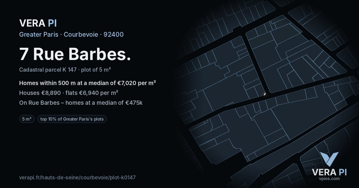 7 Rue Barbes, Courbevoie at night – the plot lit, the parcels around coloured by the prices near them