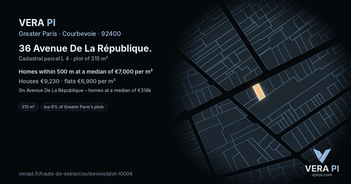 36 Avenue De La République, Courbevoie at night – the plot lit, the parcels around coloured by the prices near them