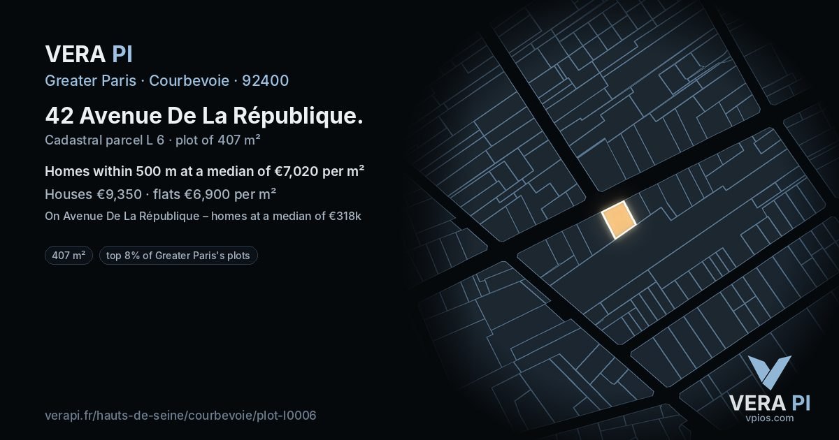 42 Avenue De La République, Courbevoie at night – the plot lit, the parcels around coloured by the prices near them