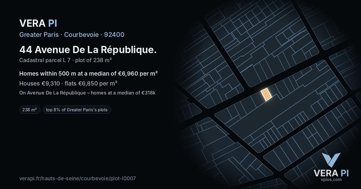 44 Avenue De La République, Courbevoie at night – the plot lit, the parcels around coloured by the prices near them