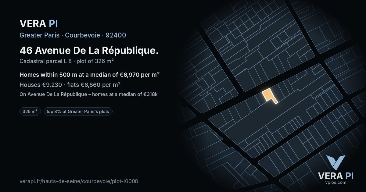 46 Avenue De La République, Courbevoie at night – the plot lit, the parcels around coloured by the prices near them
