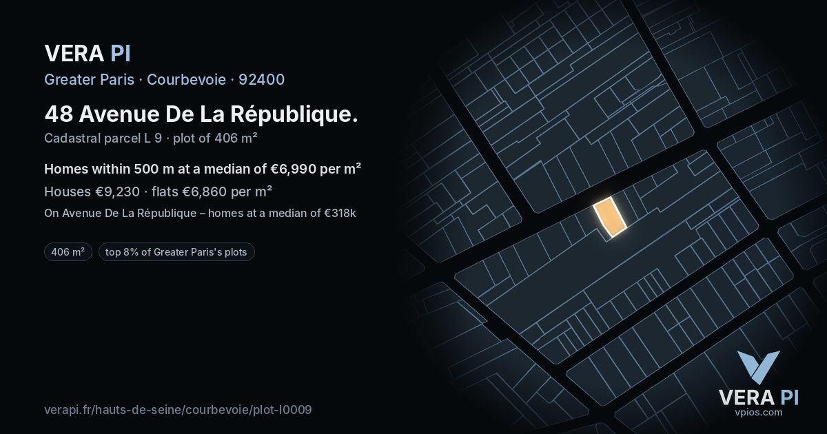 48 Avenue De La République, Courbevoie at night – the plot lit, the parcels around coloured by the prices near them