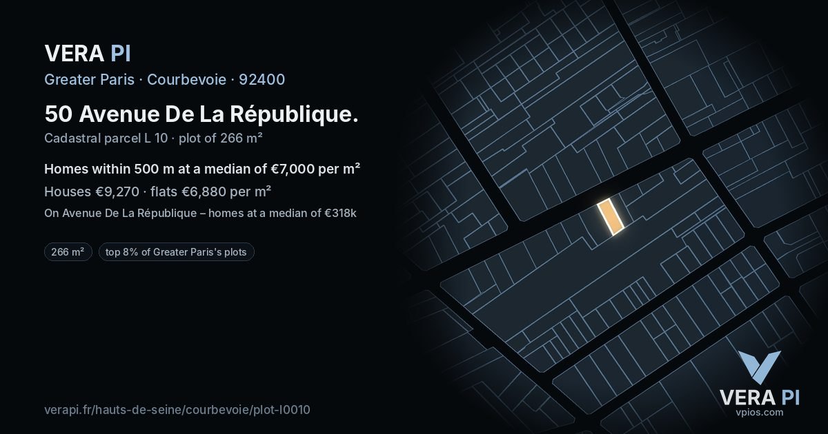 50 Avenue De La République, Courbevoie at night – the plot lit, the parcels around coloured by the prices near them