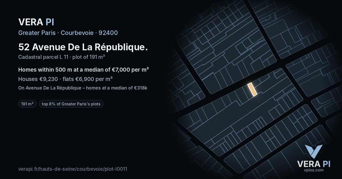 52 Avenue De La République, Courbevoie at night – the plot lit, the parcels around coloured by the prices near them