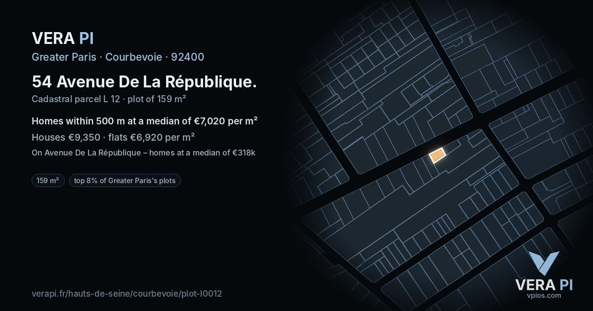 54 Avenue De La République, Courbevoie at night – the plot lit, the parcels around coloured by the prices near them