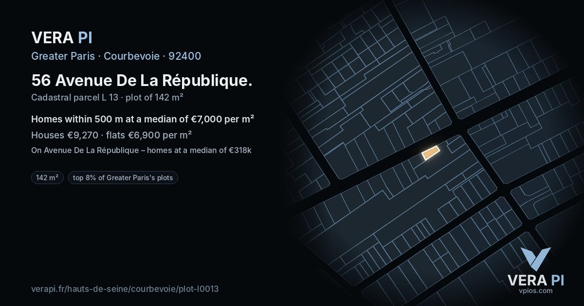 56 Avenue De La République, Courbevoie at night – the plot lit, the parcels around coloured by the prices near them