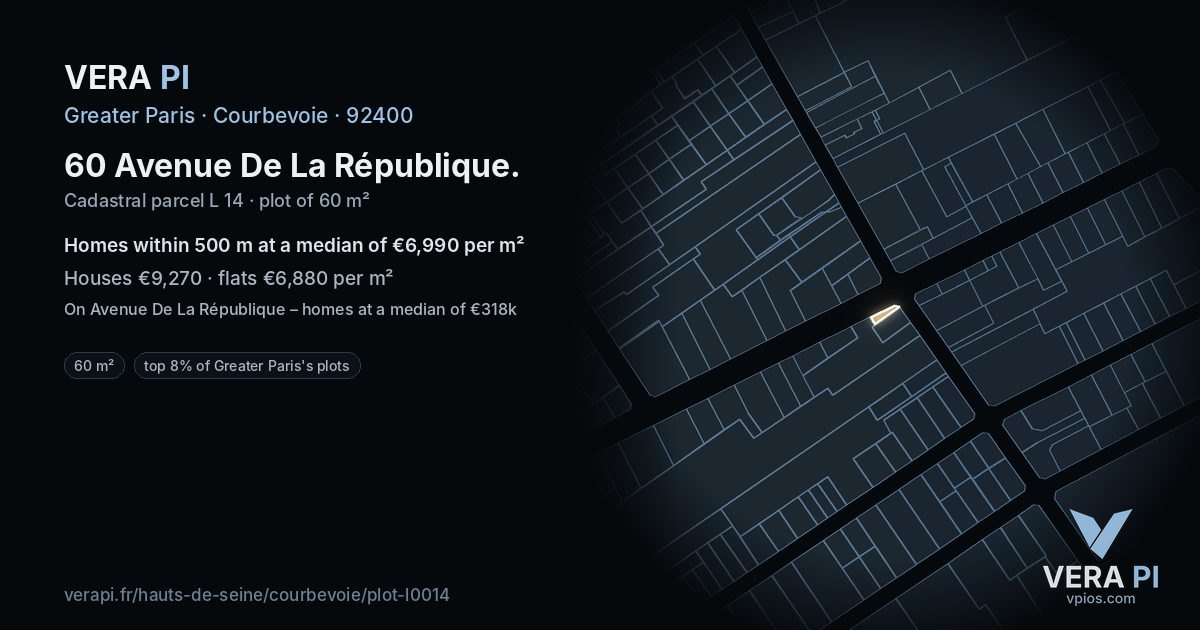 60 Avenue De La République, Courbevoie at night – the plot lit, the parcels around coloured by the prices near them