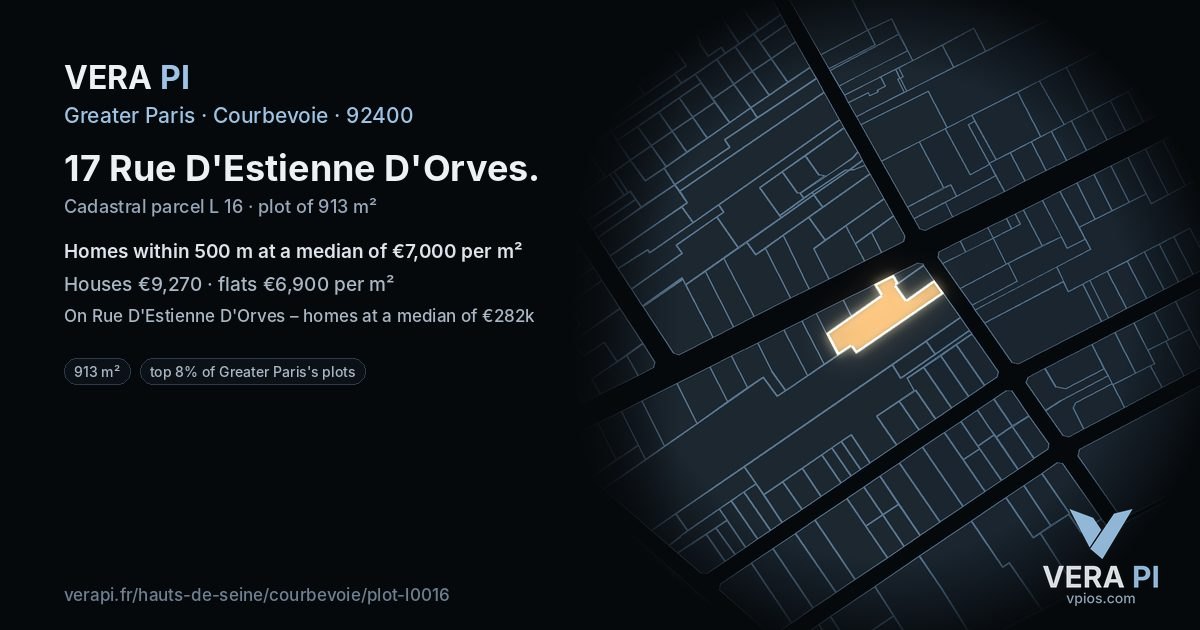 17 Rue D'Estienne D'Orves, Courbevoie at night – the plot lit, the parcels around coloured by the prices near them