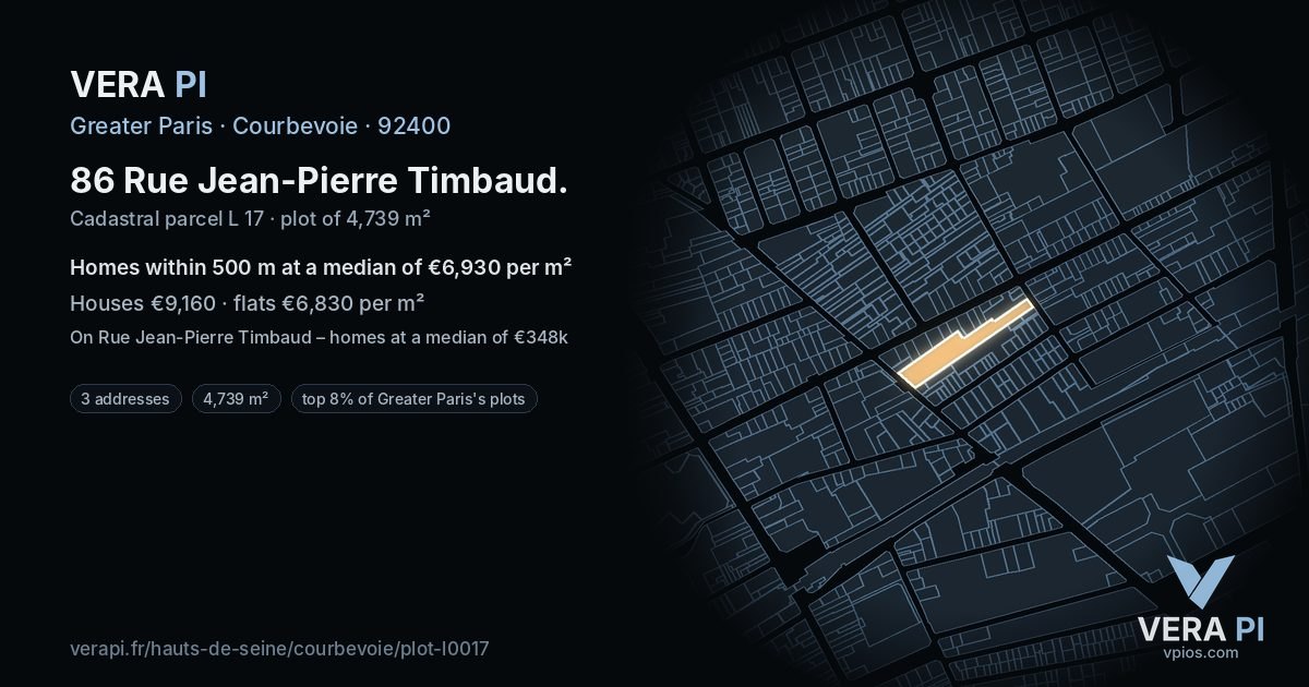 86 Rue Jean-Pierre Timbaud, Courbevoie at night – the plot lit, the parcels around coloured by the prices near them