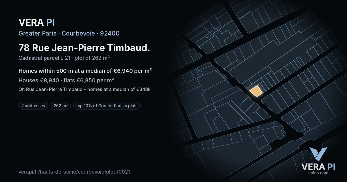 78 Rue Jean-Pierre Timbaud, Courbevoie at night – the plot lit, the parcels around coloured by the prices near them