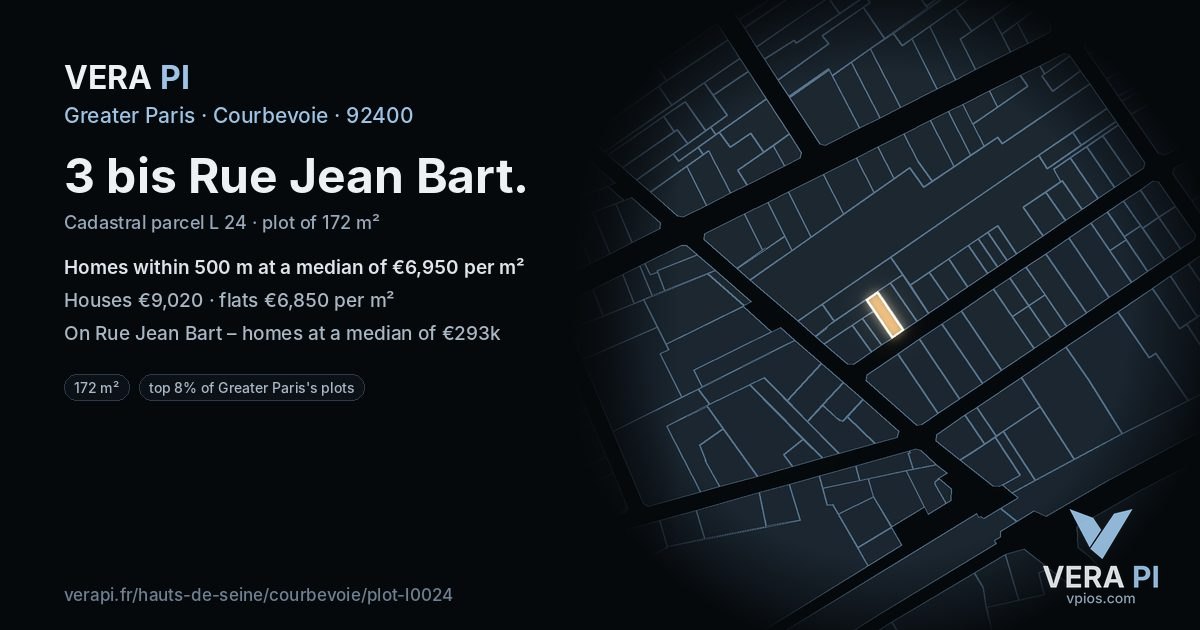 3 bis Rue Jean Bart, Courbevoie at night – the plot lit, the parcels around coloured by the prices near them