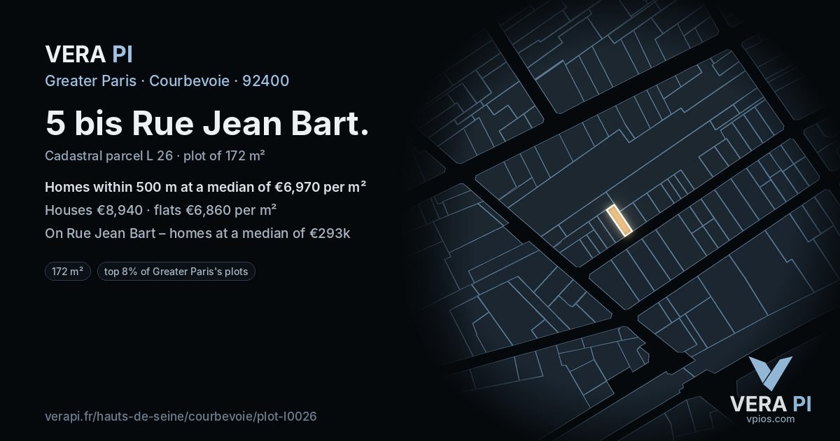 5 bis Rue Jean Bart, Courbevoie at night – the plot lit, the parcels around coloured by the prices near them