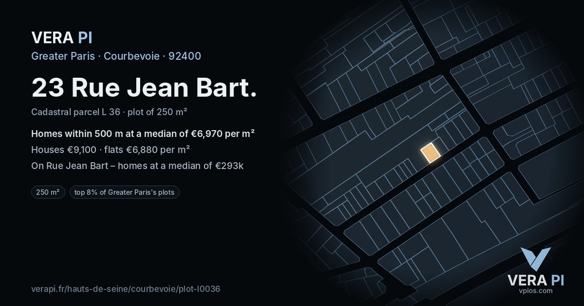 23 Rue Jean Bart, Courbevoie at night – the plot lit, the parcels around coloured by the prices near them