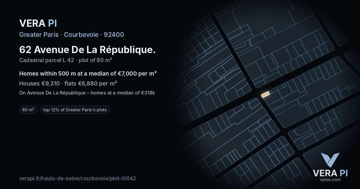 62 Avenue De La République, Courbevoie at night – the plot lit, the parcels around coloured by the prices near them
