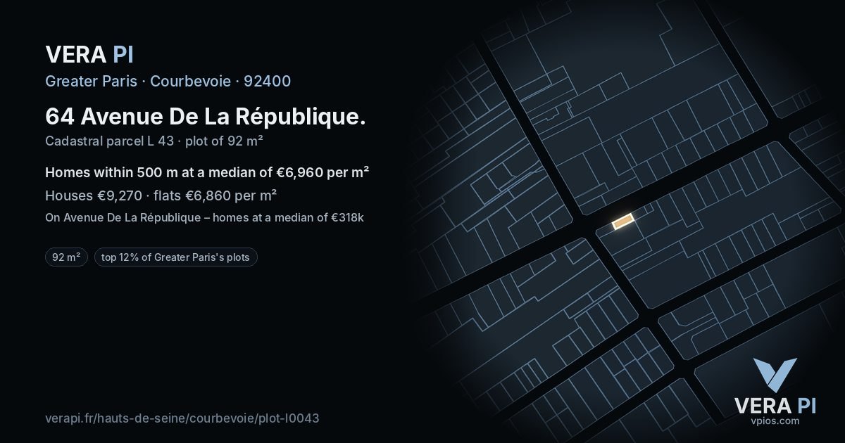 64 Avenue De La République, Courbevoie at night – the plot lit, the parcels around coloured by the prices near them