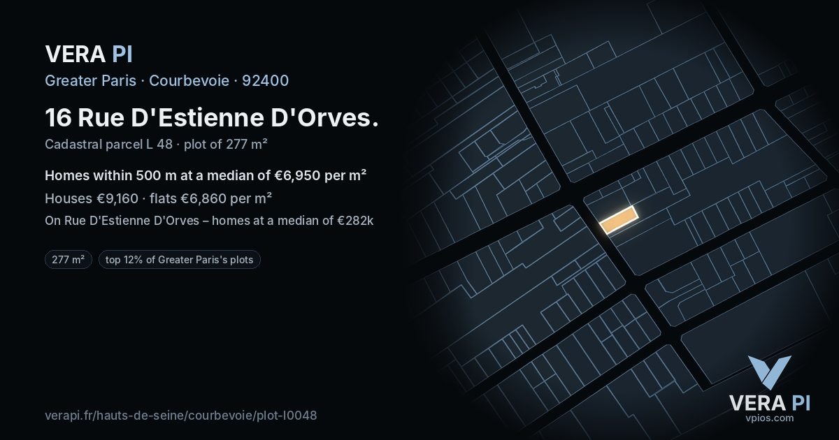 16 Rue D'Estienne D'Orves, Courbevoie at night – the plot lit, the parcels around coloured by the prices near them