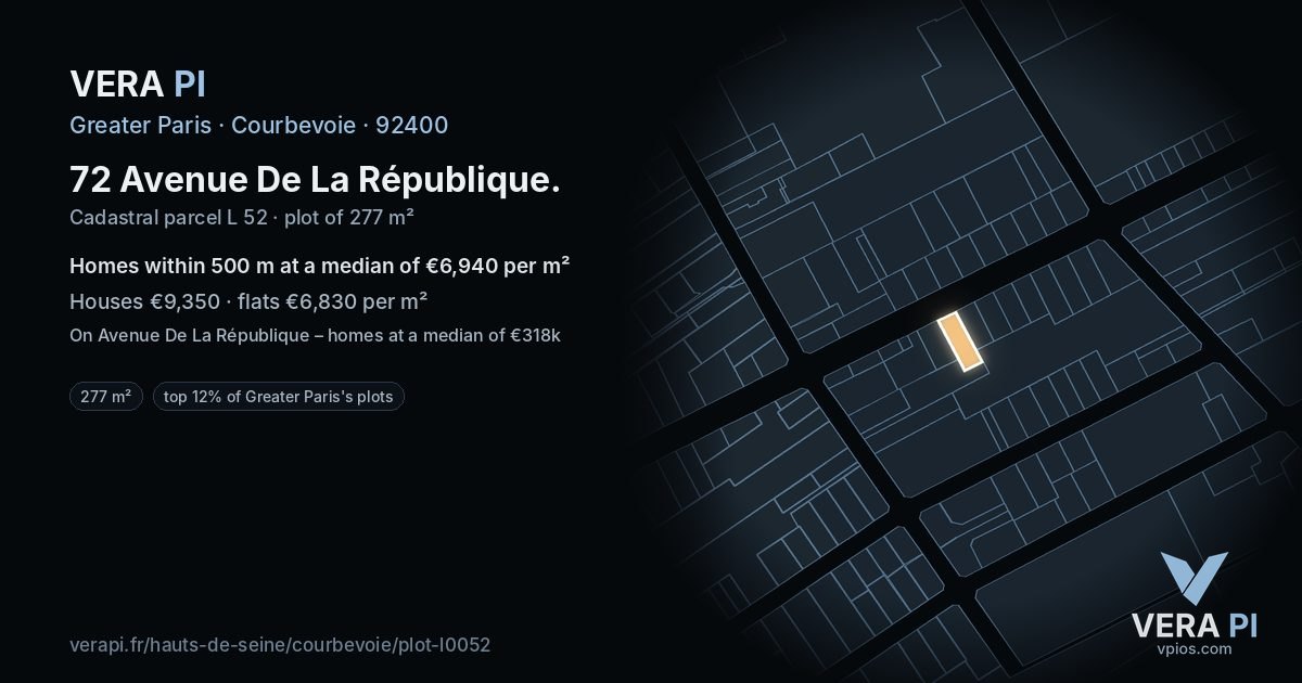 72 Avenue De La République, Courbevoie at night – the plot lit, the parcels around coloured by the prices near them