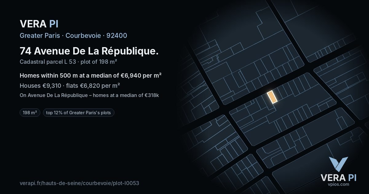 74 Avenue De La République, Courbevoie at night – the plot lit, the parcels around coloured by the prices near them