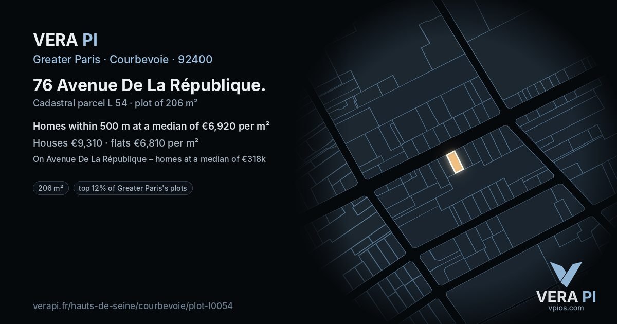 76 Avenue De La République, Courbevoie at night – the plot lit, the parcels around coloured by the prices near them