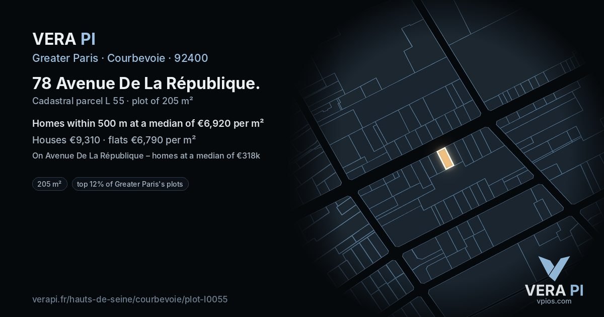 78 Avenue De La République, Courbevoie at night – the plot lit, the parcels around coloured by the prices near them