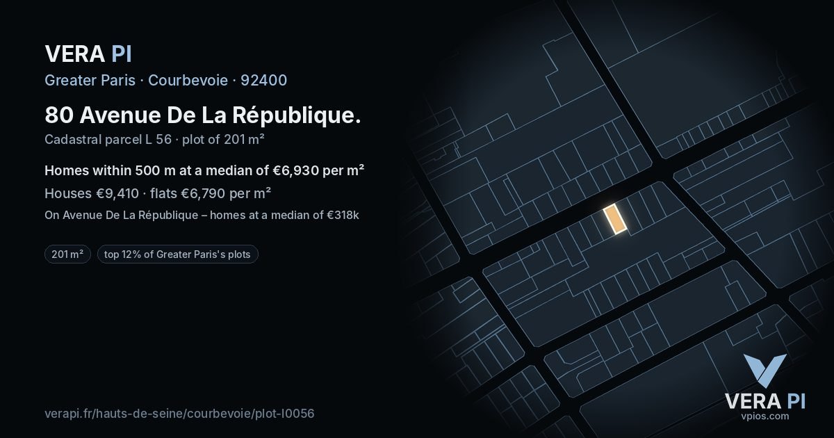 80 Avenue De La République, Courbevoie at night – the plot lit, the parcels around coloured by the prices near them