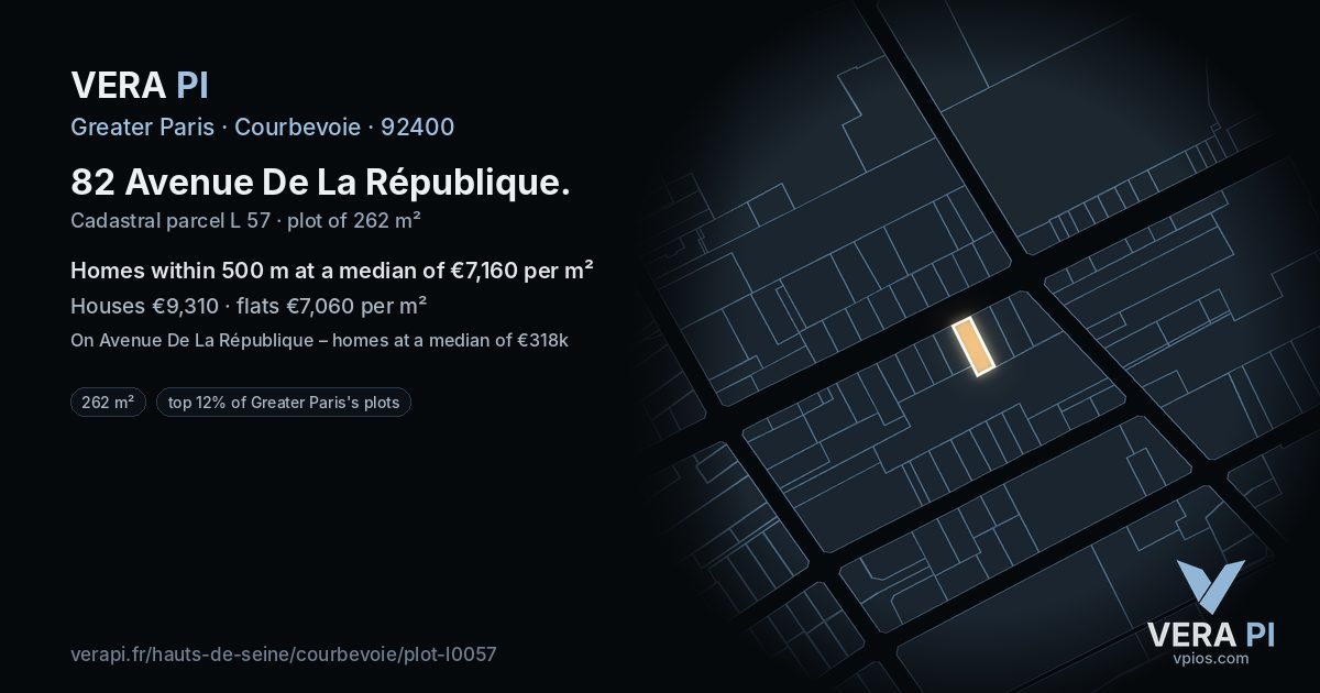82 Avenue De La République, Courbevoie at night – the plot lit, the parcels around coloured by the prices near them