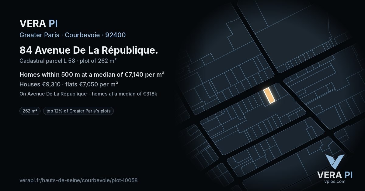 84 Avenue De La République, Courbevoie at night – the plot lit, the parcels around coloured by the prices near them