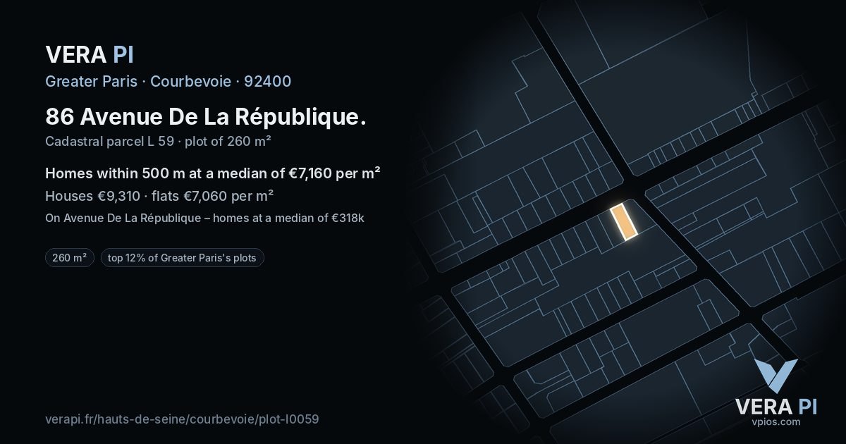 86 Avenue De La République, Courbevoie at night – the plot lit, the parcels around coloured by the prices near them