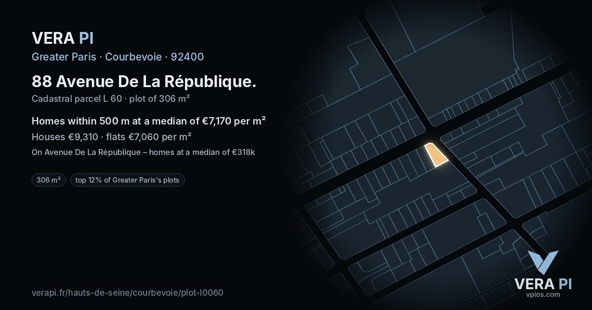 88 Avenue De La République, Courbevoie at night – the plot lit, the parcels around coloured by the prices near them