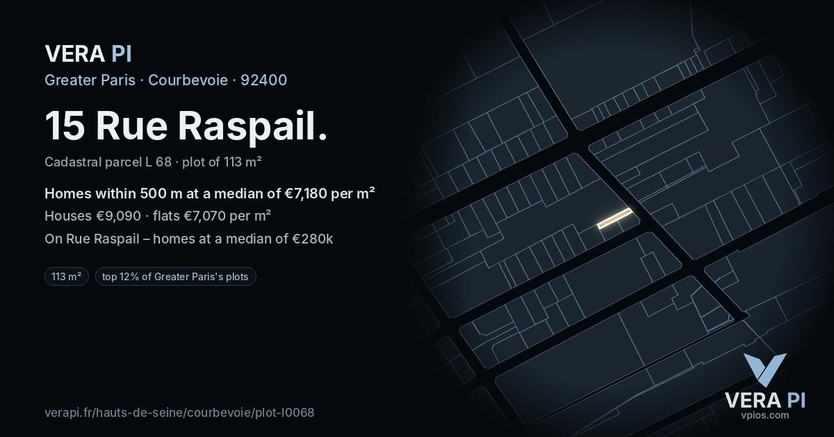 15 Rue Raspail, Courbevoie at night – the plot lit, the parcels around coloured by the prices near them
