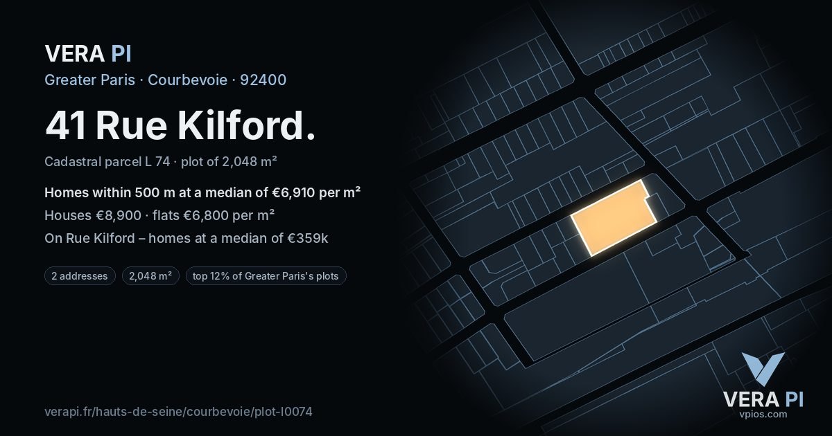 41 Rue Kilford, Courbevoie at night – the plot lit, the parcels around coloured by the prices near them