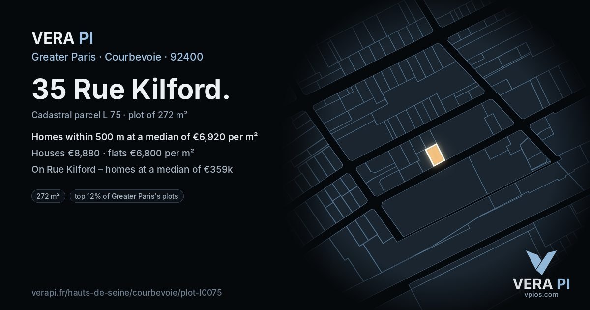 35 Rue Kilford, Courbevoie at night – the plot lit, the parcels around coloured by the prices near them