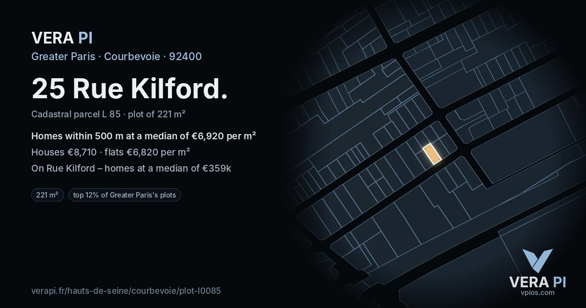 25 Rue Kilford, Courbevoie at night – the plot lit, the parcels around coloured by the prices near them
