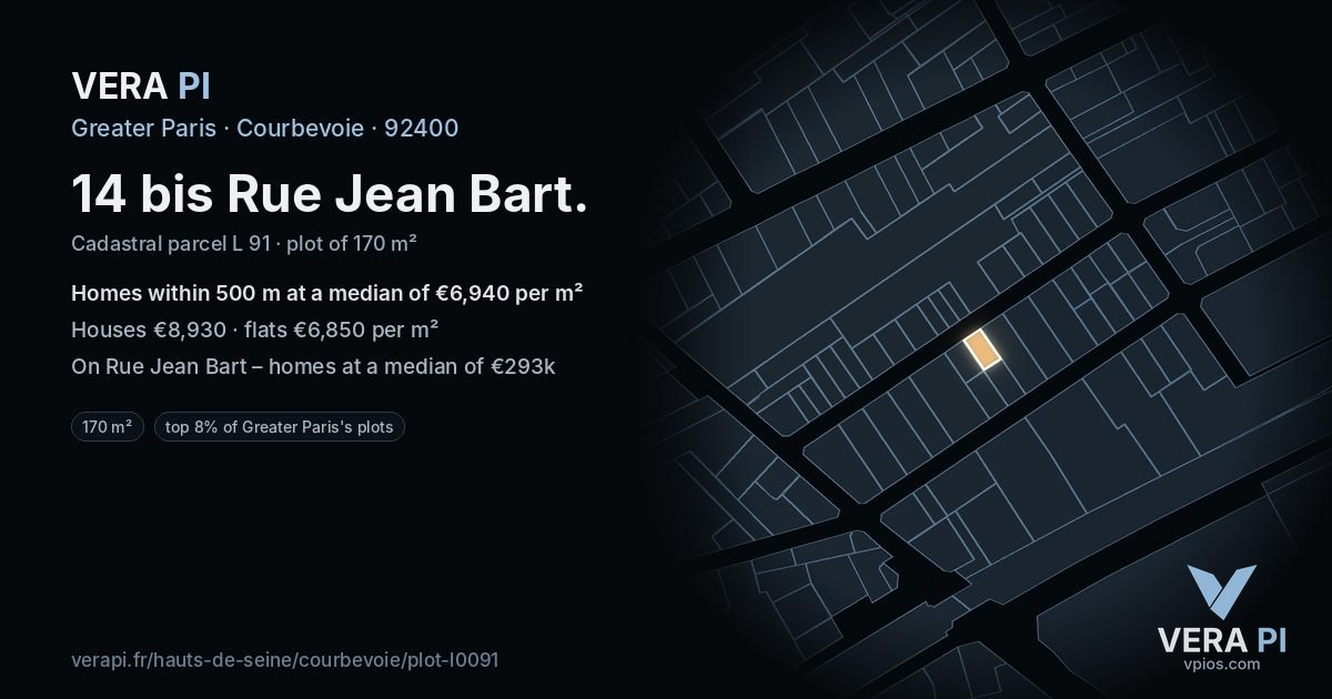 14 bis Rue Jean Bart, Courbevoie at night – the plot lit, the parcels around coloured by the prices near them