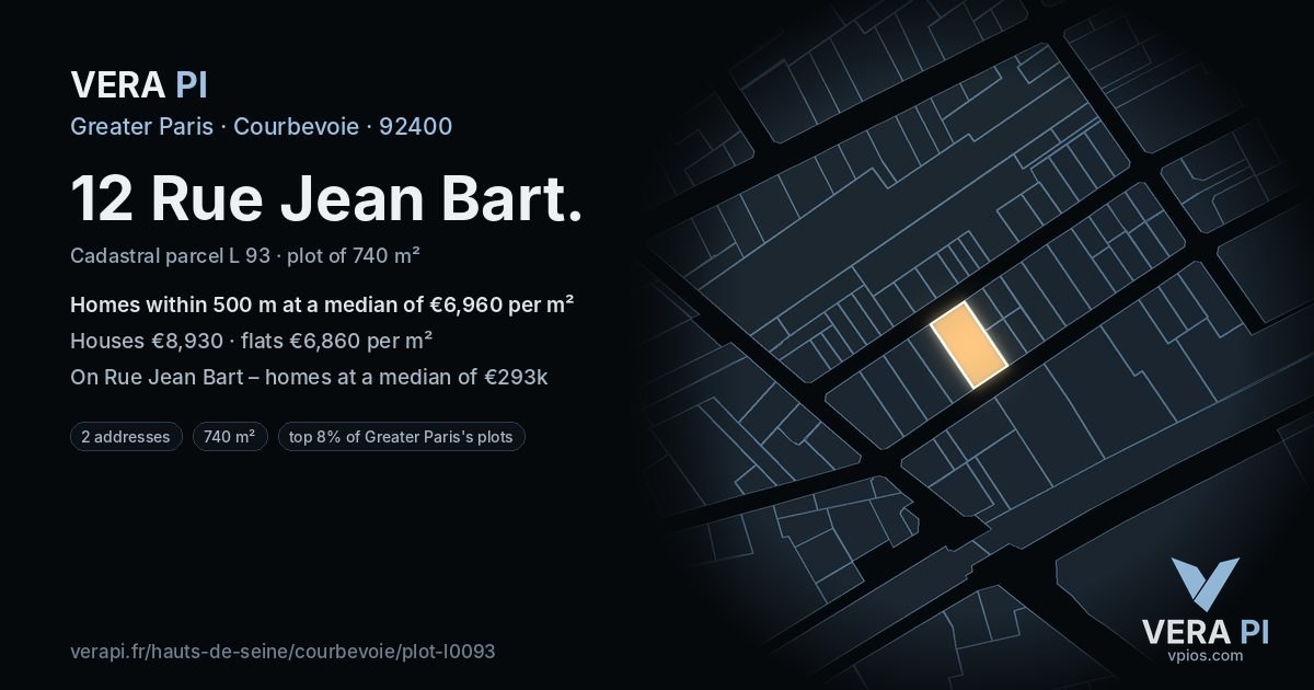 12 Rue Jean Bart, Courbevoie at night – the plot lit, the parcels around coloured by the prices near them